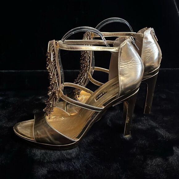 BCBG MaxAzeria Gold Beaded High Heel Sandals - Picture 2 of 11